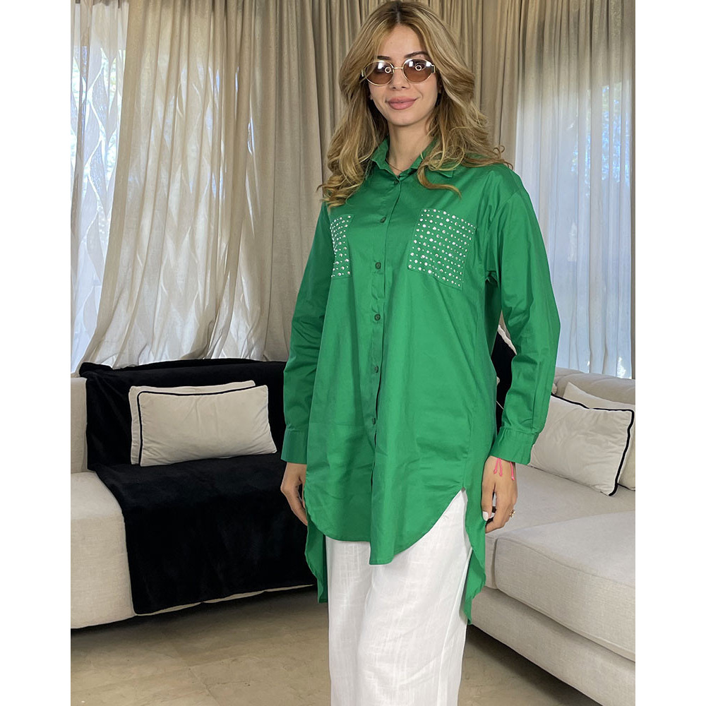 Chemise en popeline avec poche en strass