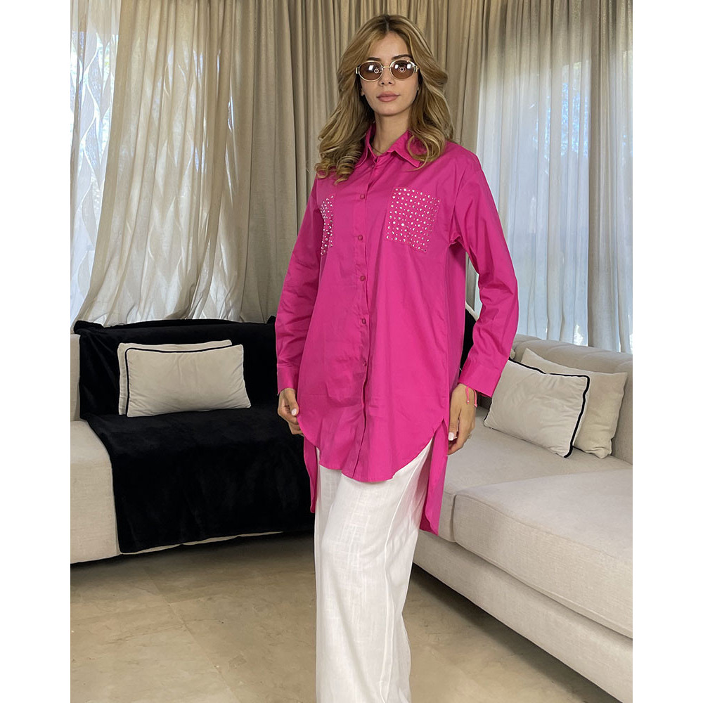 Chemise en popeline avec poche en strass