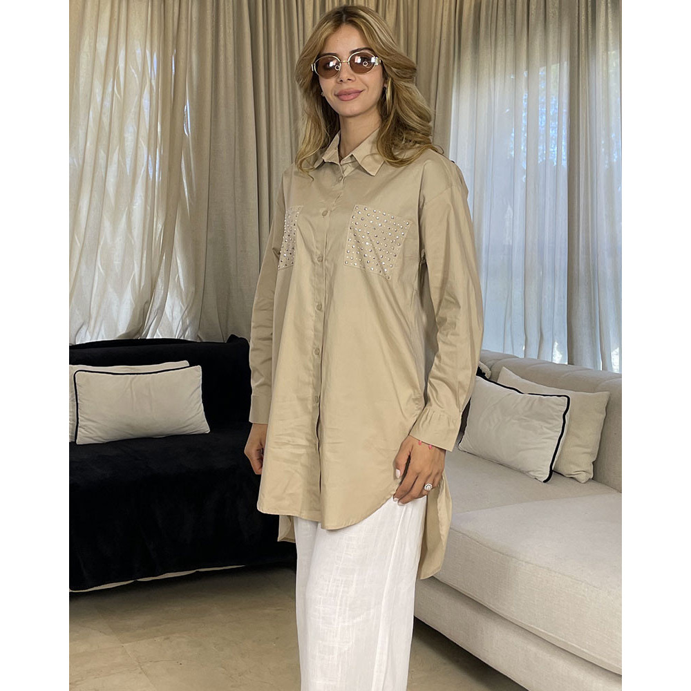 Chemise en popeline avec poche en strass