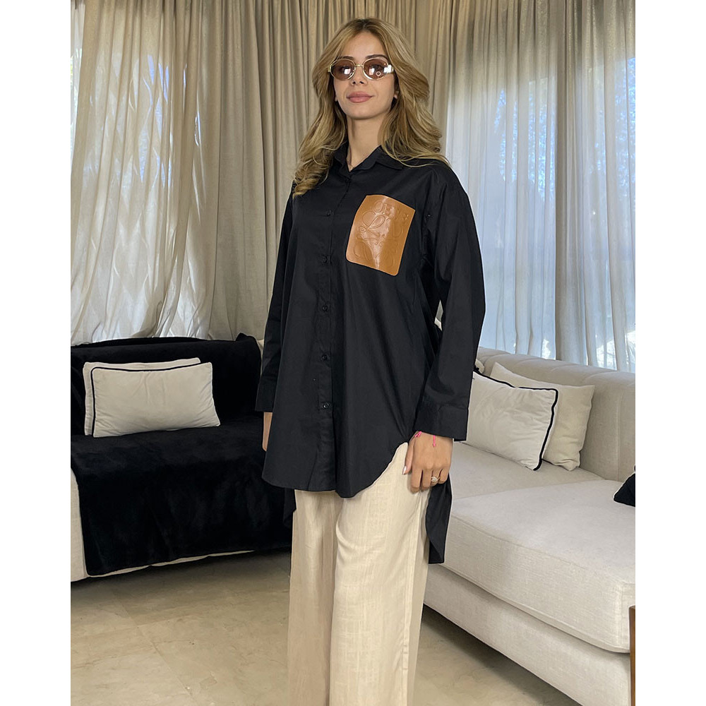 Chemise en popeline avec poche en simili cuir