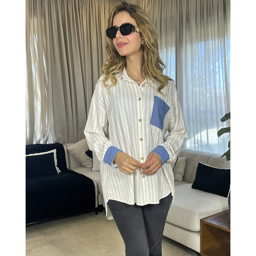 chemise rayée en lin avec poche en jean