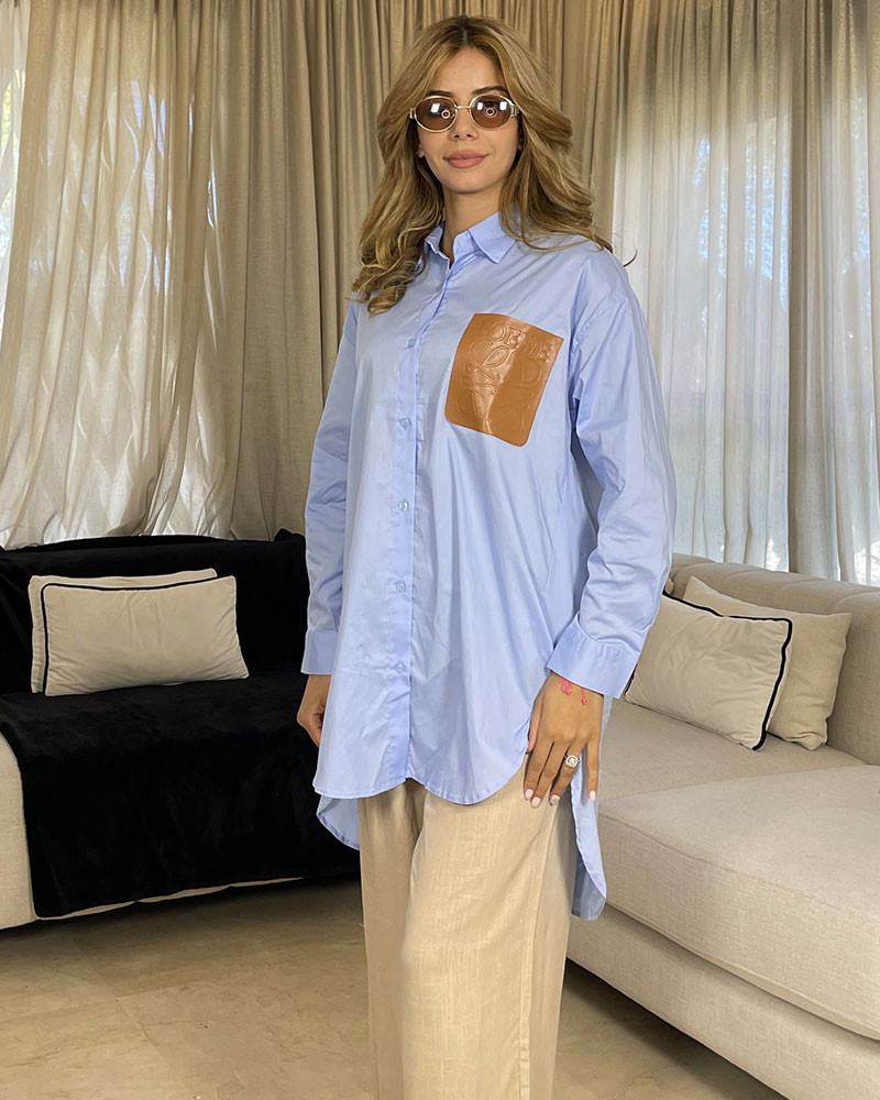 Chemise en popeline avec poche en cuir