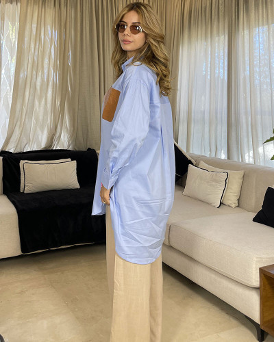 Chemise en popeline avec poche en cuir