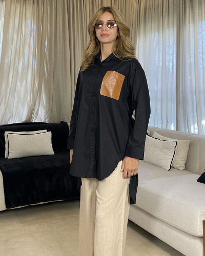 Chemise en popeline avec poche en cuir