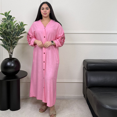 Chemise robe  en lin avec manches brodées