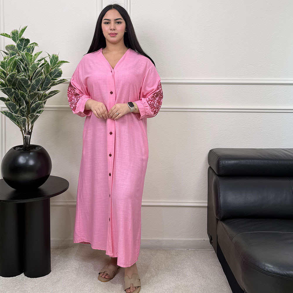 Chemise robe  en lin avec manches brodées